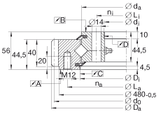 交叉滾子軸承 XSA140414-N, 標準系列 14， 外部的齒輪齒，兩側唇密封