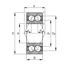 角接觸球軸承 3808-B-2RSR-TVH, 雙列，雙側唇密封，接觸角 α = 25°